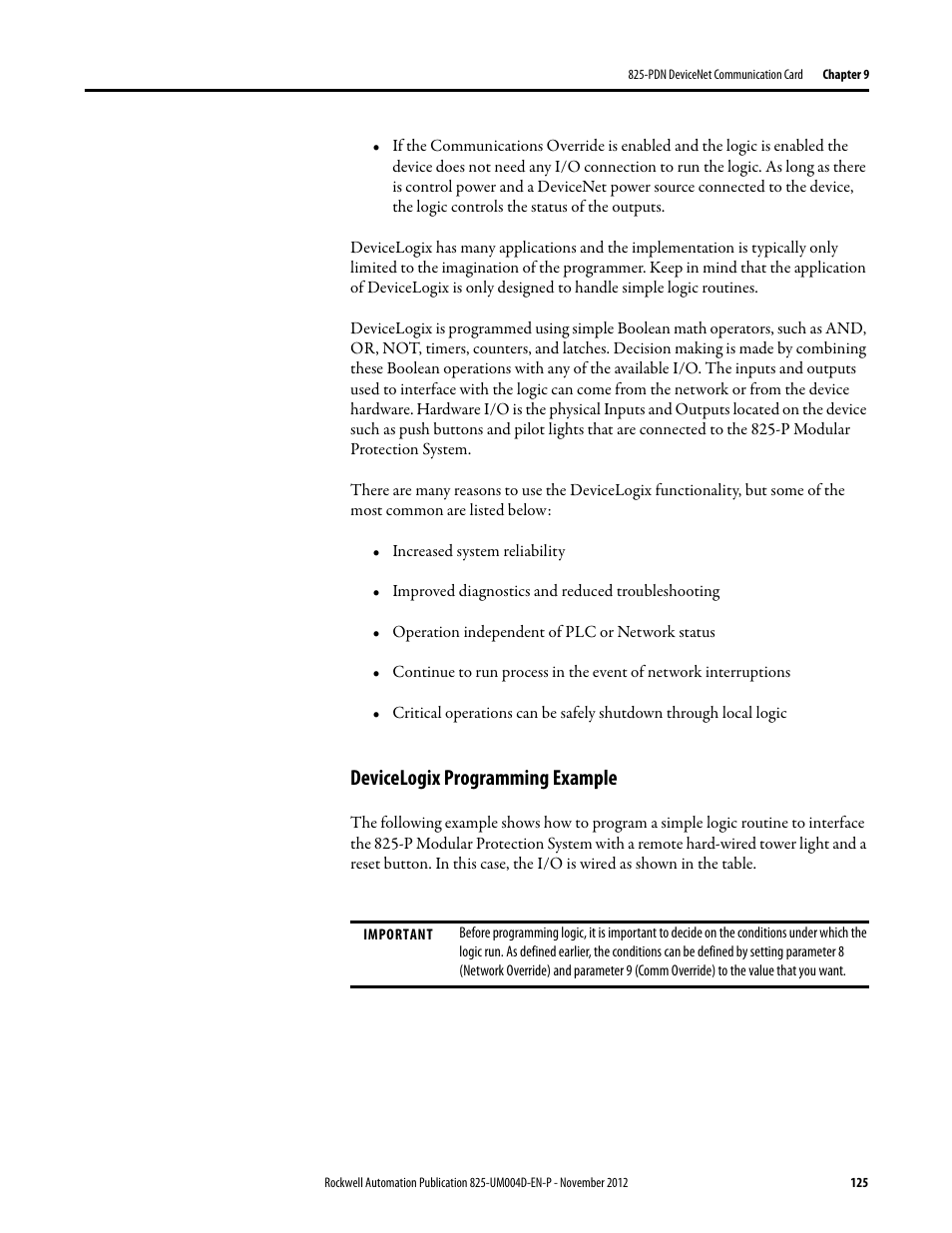 Devicelogix programming example | Rockwell Automation 825-P Modular Protection System for Motors User Manual User Manual | Page 125 / 266