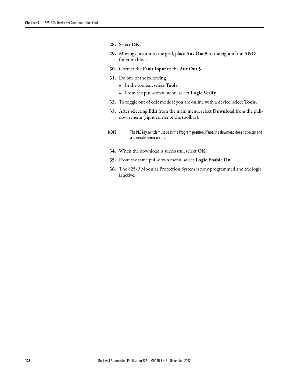 Select ok, Correct the fault input to the aux out 5, Do one of the following | When the download is successful, select ok | Rockwell Automation 825-P Modular Protection System for Motors User Manual User Manual | Page 128 / 266