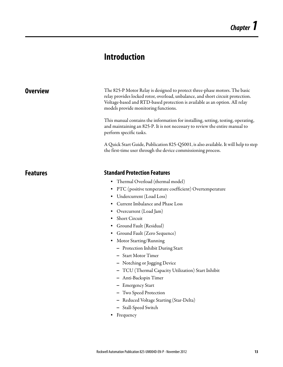 Introduction, Overview, Features | Standard protection features, Chapter 1, Overview features, Chapter 1: introduction | Rockwell Automation 825-P Modular Protection System for Motors User Manual User Manual | Page 13 / 266