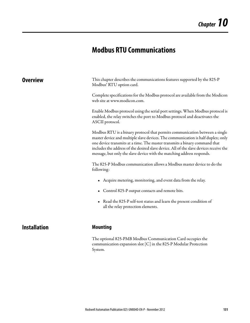 Modbus rtu communications, Overview, Installation | Mounting, Chapter 10, Overview installation, Chapter 10: modbus rtu communications, Chapter | Rockwell Automation 825-P Modular Protection System for Motors User Manual User Manual | Page 131 / 266