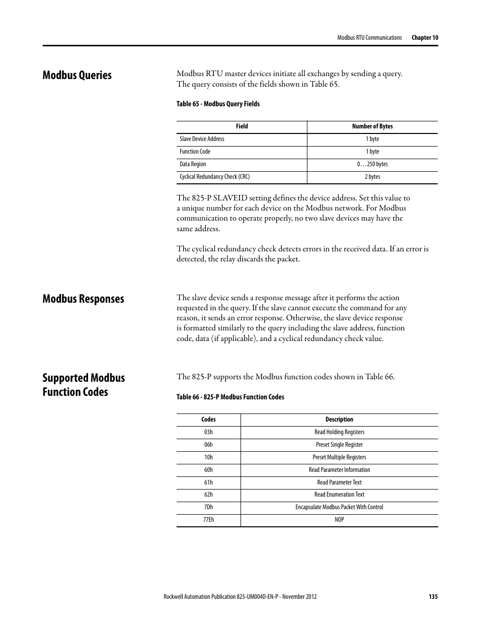 Modbus queries, Table 65 - modbus query fields, 1 byte | 0…250 bytes, 2 bytes, Modbus responses, Supported modbus function codes, Table 66 - 825-p modbus function codes, 77eh, Read holding registers | Rockwell Automation 825-P Modular Protection System for Motors User Manual User Manual | Page 135 / 266