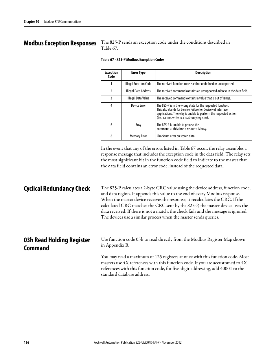 Modbus exception responses, Table 67 - 825-p modbus exception codes, Illegal function code | Illegal data address, Illegal data value, Device error, Busy, Memory error, Cyclical redundancy check, 03h read holding register command | Rockwell Automation 825-P Modular Protection System for Motors User Manual User Manual | Page 136 / 266