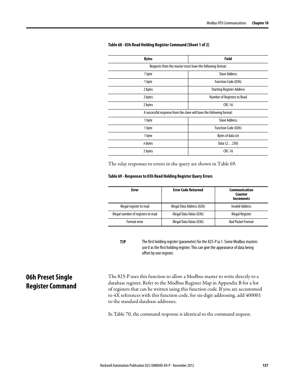 1 byte, 2 bytes, N bytes | Slave address, Function code (03h), Starting register address, Number of registers to read, Crc-16, Bytes of data (n), Data (2…250) | Rockwell Automation 825-P Modular Protection System for Motors User Manual User Manual | Page 137 / 266