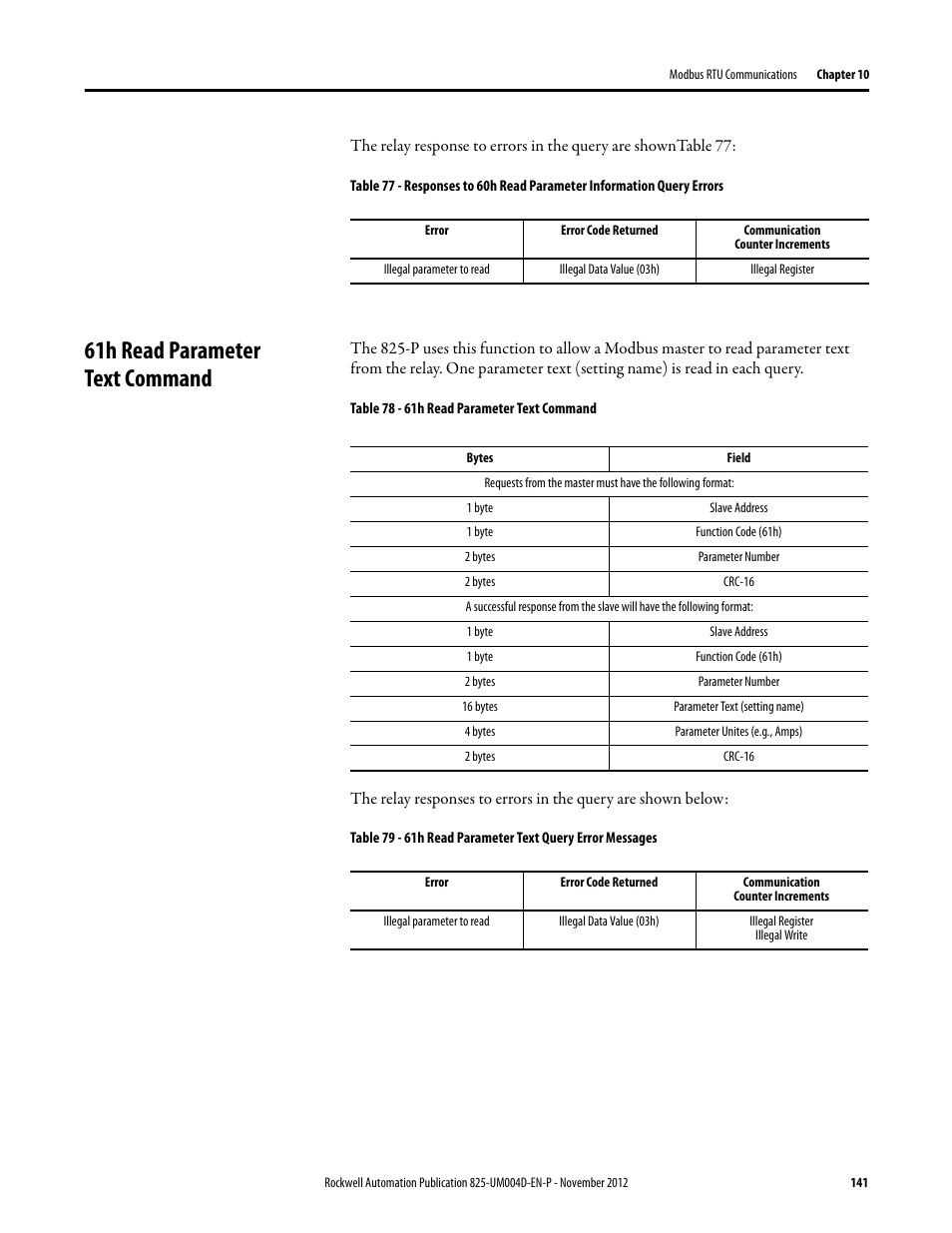 Illegal parameter to read, Illegal data value (03h), Illegal register | 61h read parameter text command, Table 78 - 61h read parameter text command, 1 byte, 2 bytes, 16 bytes, 4 bytes, Slave address | Rockwell Automation 825-P Modular Protection System for Motors User Manual User Manual | Page 141 / 266