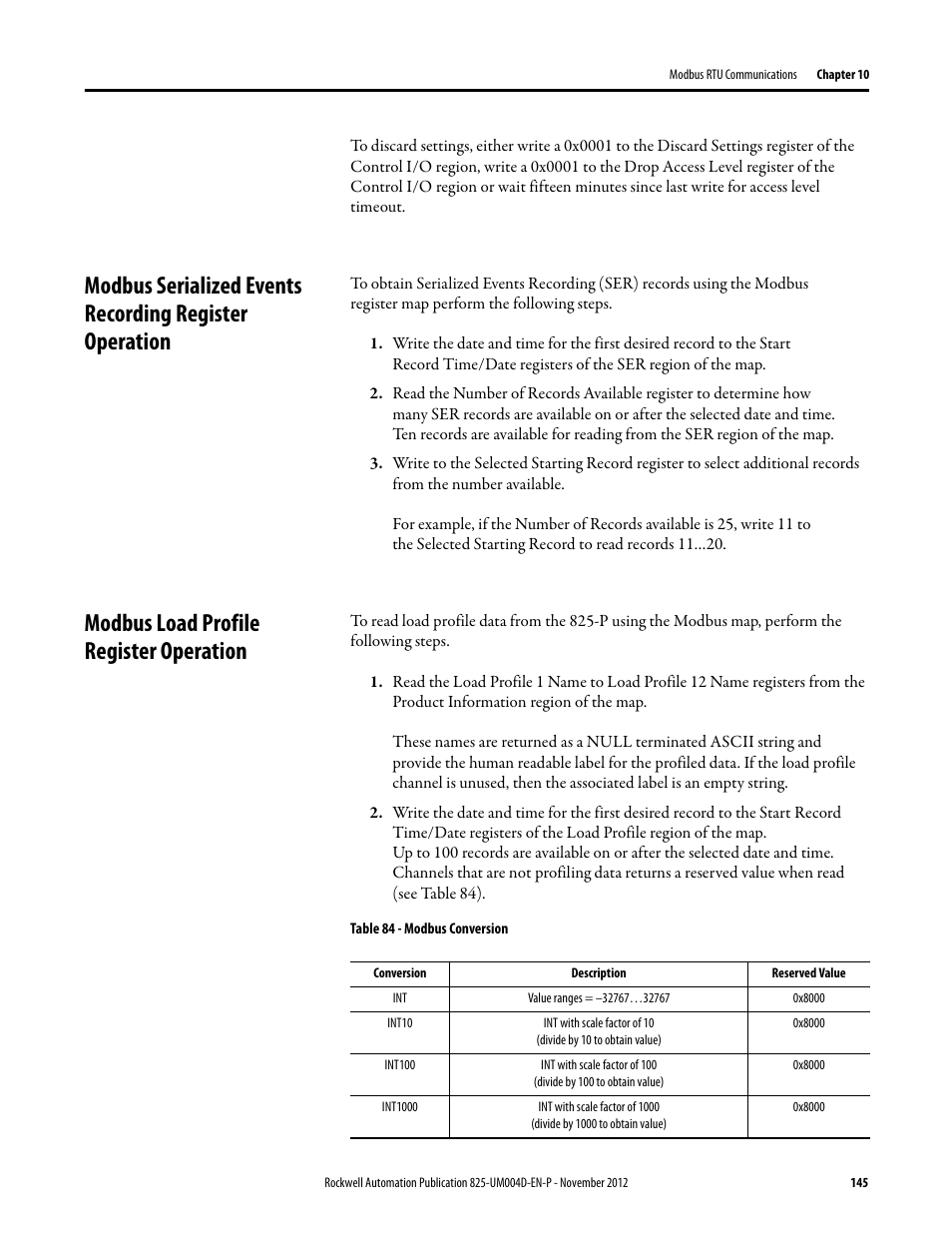 Modbus load profile register operation, Table 84 - modbus conversion, Int10 | Int100, Int1000, Value ranges = –32767…32767, Int with scale factor of 10, Divide by 10 to obtain value), Int with scale factor of 100, Divide by 100 to obtain value) | Rockwell Automation 825-P Modular Protection System for Motors User Manual User Manual | Page 145 / 266