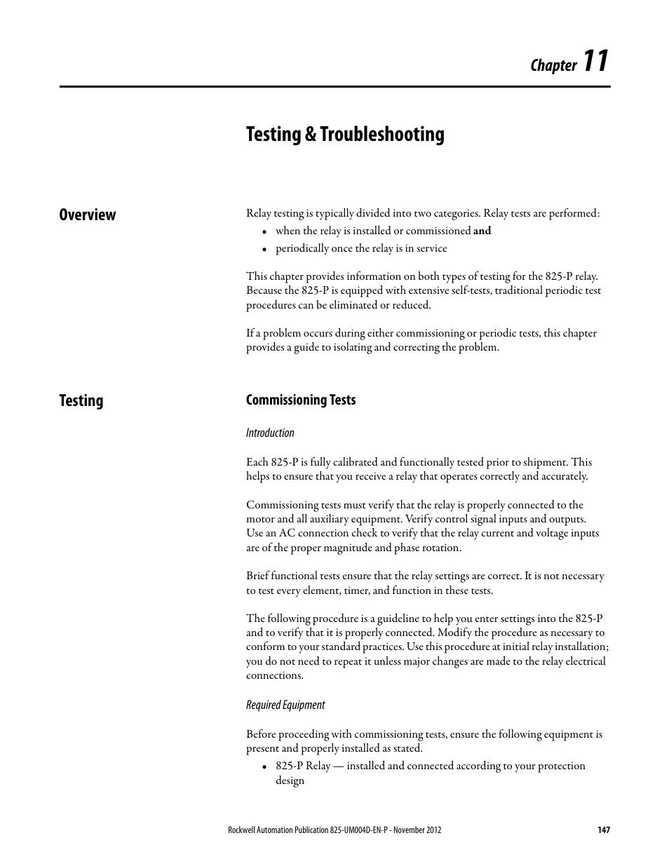 Testing & troubleshooting, Overview, Testing | Commissioning tests, Introduction, Required equipment, Chapter 11, Overview testing, Chapter 11: testing & troubleshooting, Chapter | Rockwell Automation 825-P Modular Protection System for Motors User Manual User Manual | Page 147 / 266