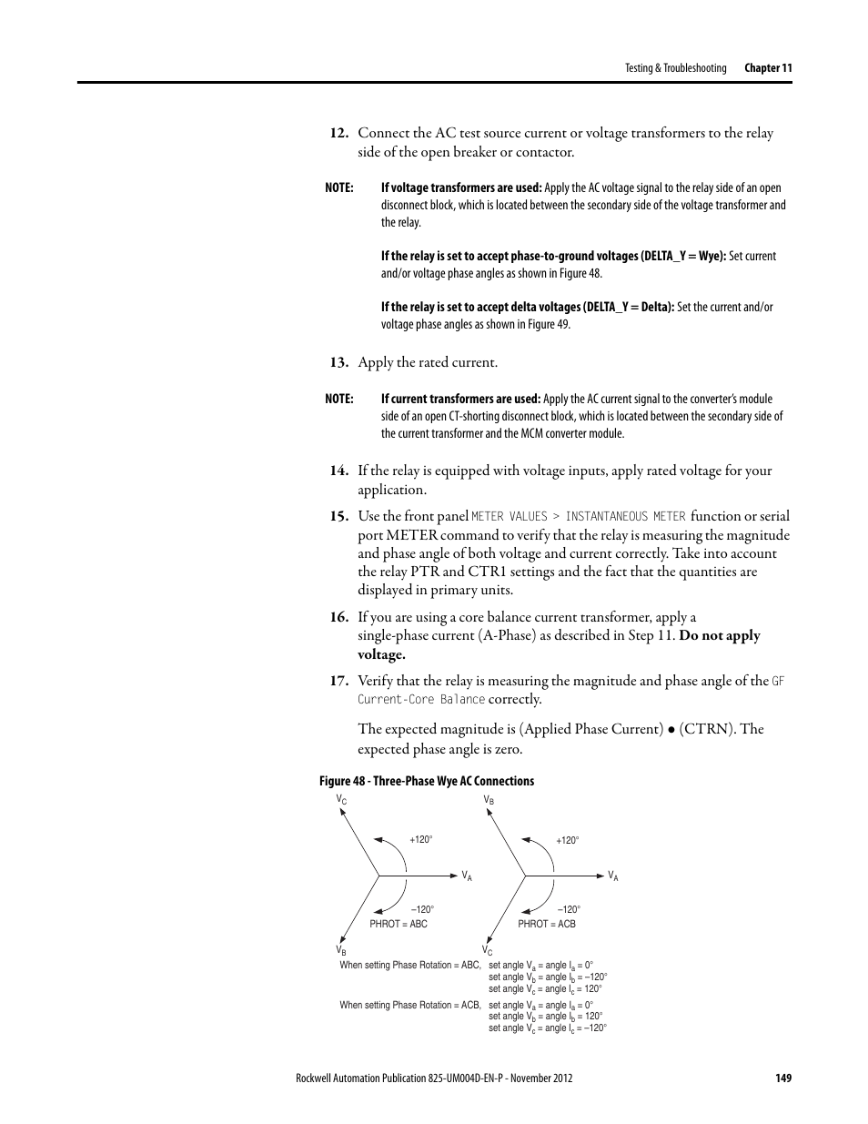 Apply the rated current, Figure 48 - three-phase wye ac connections, Ctrn). the expected phase angle is zero | Rockwell Automation 825-P Modular Protection System for Motors User Manual User Manual | Page 149 / 266