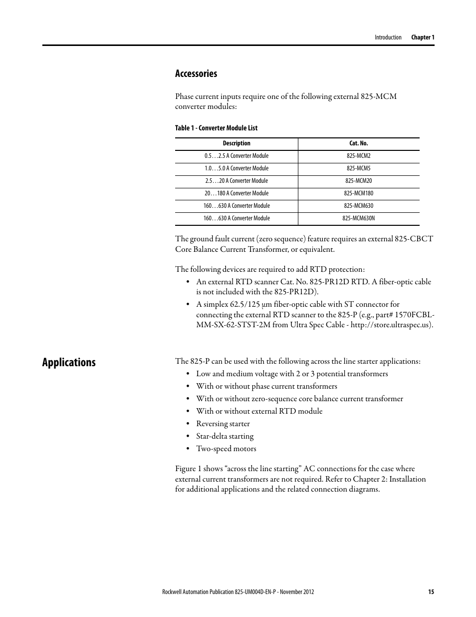 Accessories, Table 1 - converter module list, Applications | Rockwell Automation 825-P Modular Protection System for Motors User Manual User Manual | Page 15 / 266