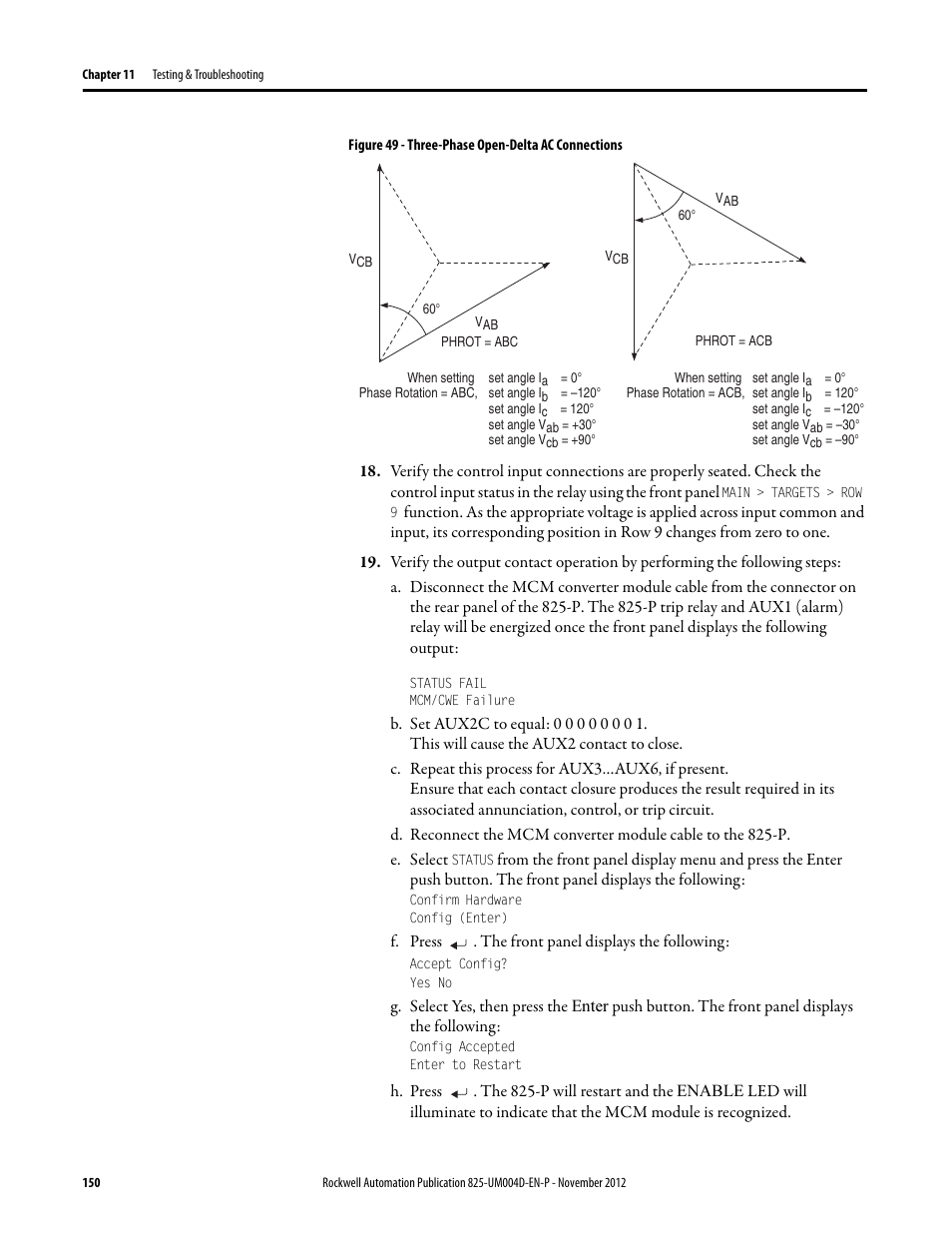 Figure 49 - three-phase open-delta ac connections | Rockwell Automation 825-P Modular Protection System for Motors User Manual User Manual | Page 150 / 266