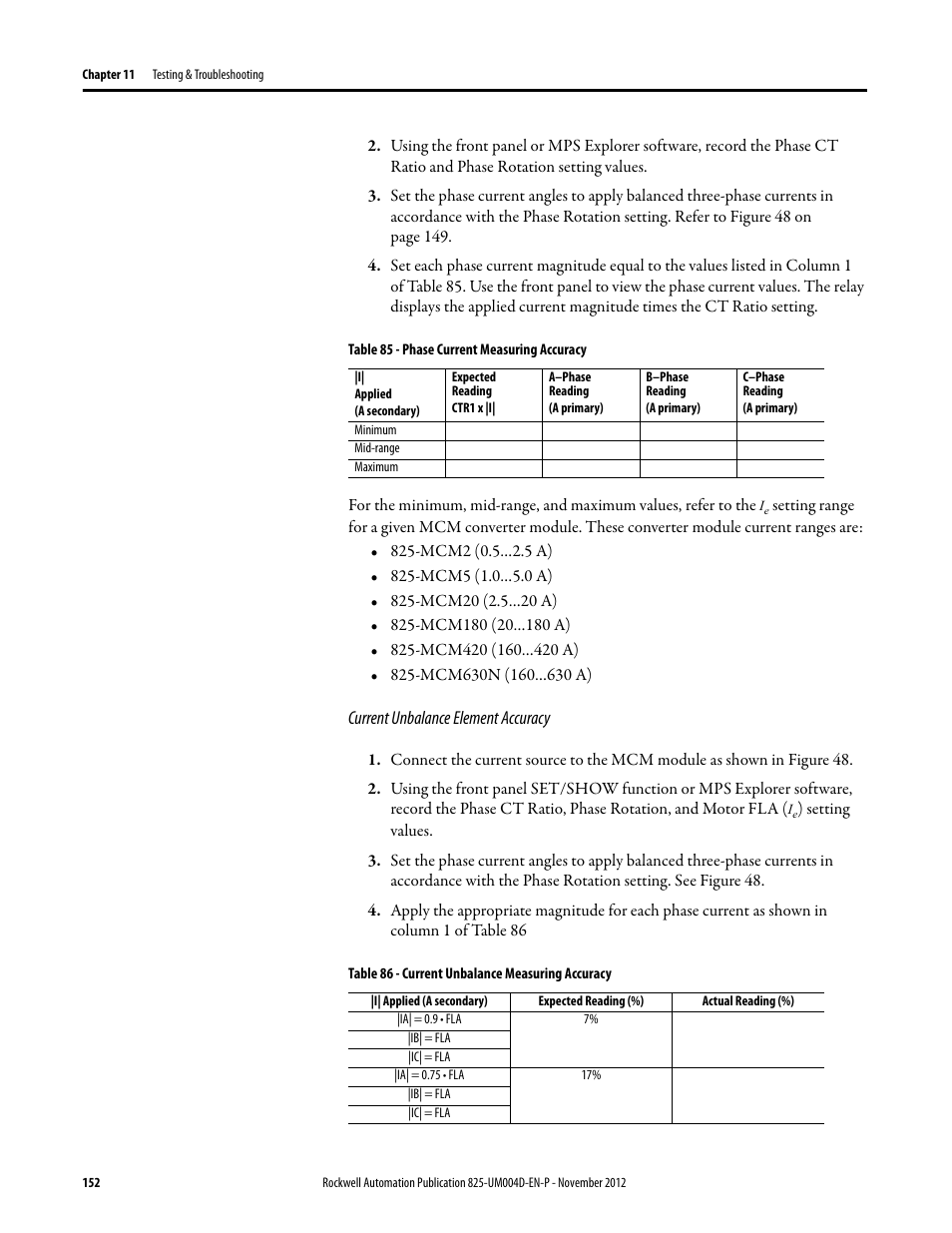 Table 85 - phase current measuring accuracy, Current unbalance element accuracy, Table 86 - current unbalance measuring accuracy | Rockwell Automation 825-P Modular Protection System for Motors User Manual User Manual | Page 152 / 266