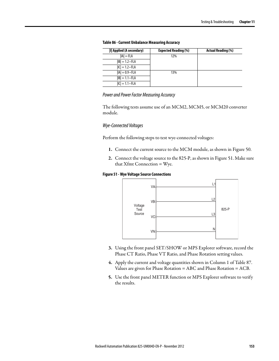 Power and power factor measuring accuracy, Wye-connected voltages, Figure 51 - wye voltage source connections | Rockwell Automation 825-P Modular Protection System for Motors User Manual User Manual | Page 153 / 266