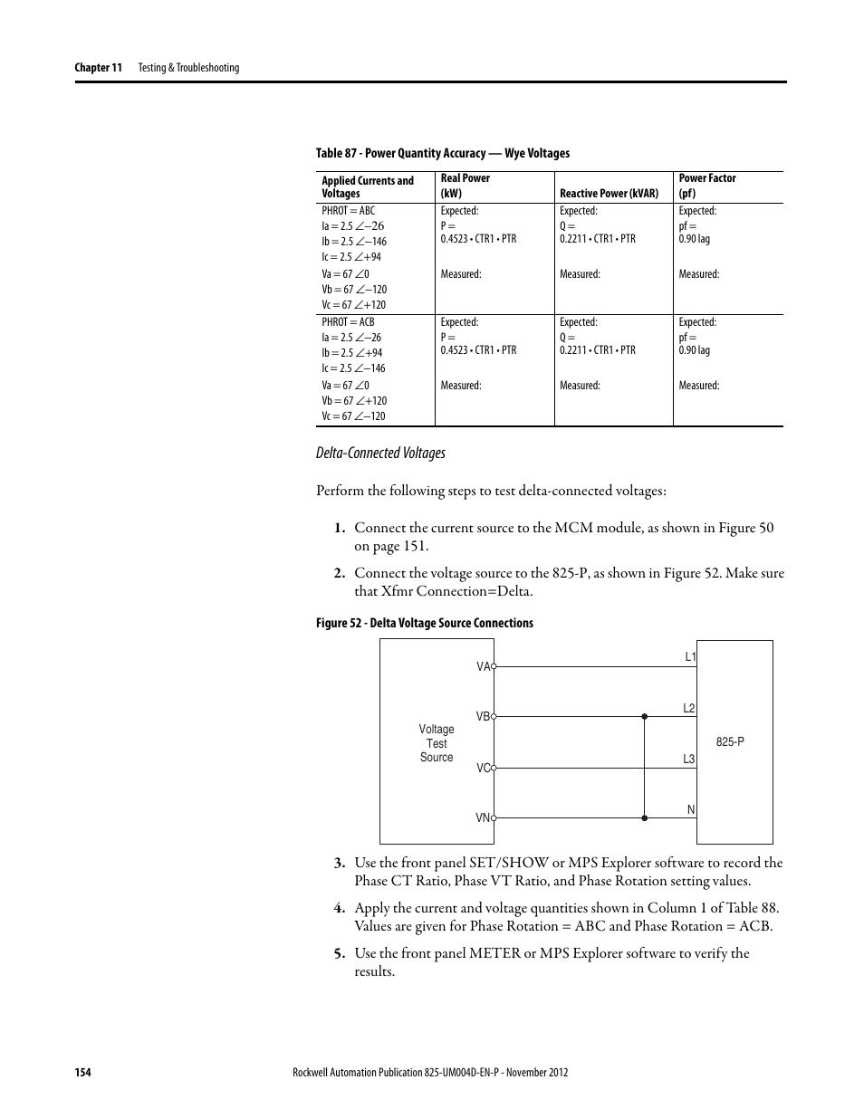 Table 87 - power quantity accuracy — wye voltages, Delta-connected voltages, Figure 52 - delta voltage source connections | Rockwell Automation 825-P Modular Protection System for Motors User Manual User Manual | Page 154 / 266