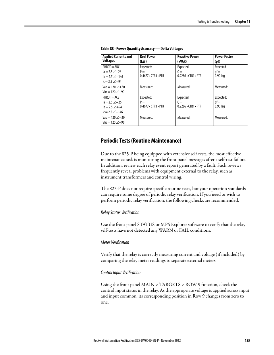 Periodic tests (routine maintenance), Relay status verification, Meter verification | Control input verification | Rockwell Automation 825-P Modular Protection System for Motors User Manual User Manual | Page 155 / 266