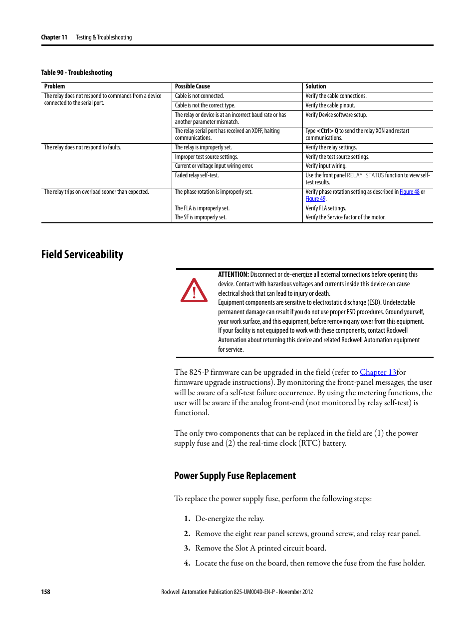 Field serviceability, Power supply fuse replacement, De-energize the relay | Remove the slot a printed circuit board | Rockwell Automation 825-P Modular Protection System for Motors User Manual User Manual | Page 158 / 266