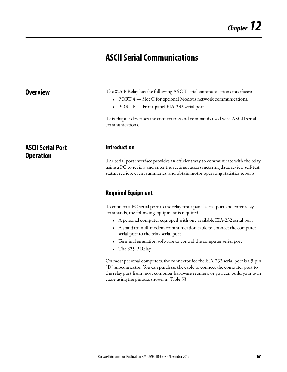 12 -ascii serial communications, Overview, Ascii serial port operation | Introduction, Required equipment, Chapter 12, Ascii serial communications, Overview ascii serial port operation, Introduction required equipment, Chapter 12: ascii serial communications | Rockwell Automation 825-P Modular Protection System for Motors User Manual User Manual | Page 161 / 266