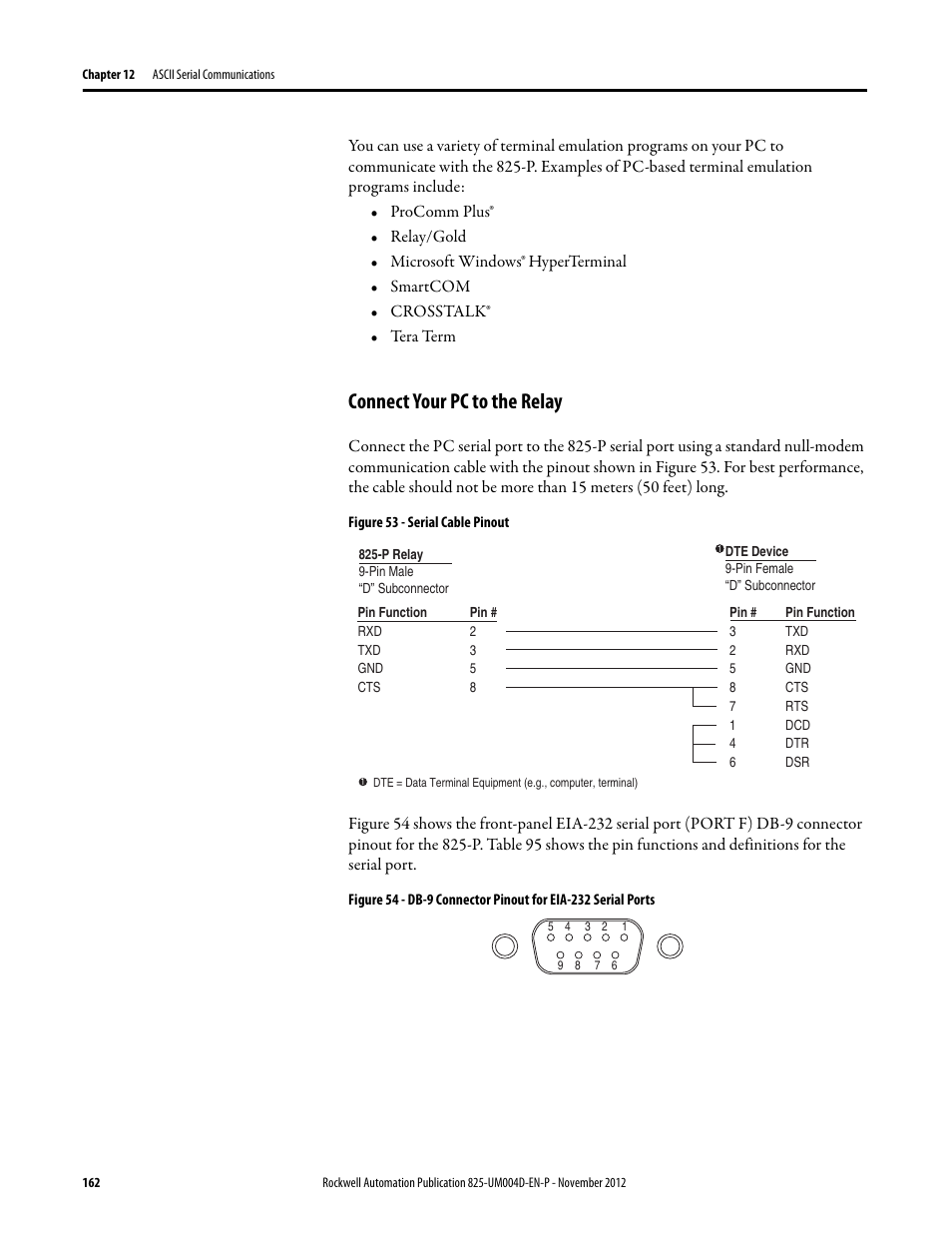 Connect your pc to the relay, Figure 53 - serial cable pinout | Rockwell Automation 825-P Modular Protection System for Motors User Manual User Manual | Page 162 / 266