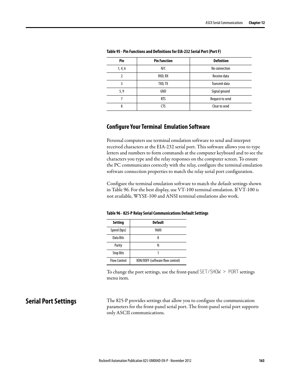 Configure your terminal emulation software, Serial port settings | Rockwell Automation 825-P Modular Protection System for Motors User Manual User Manual | Page 163 / 266