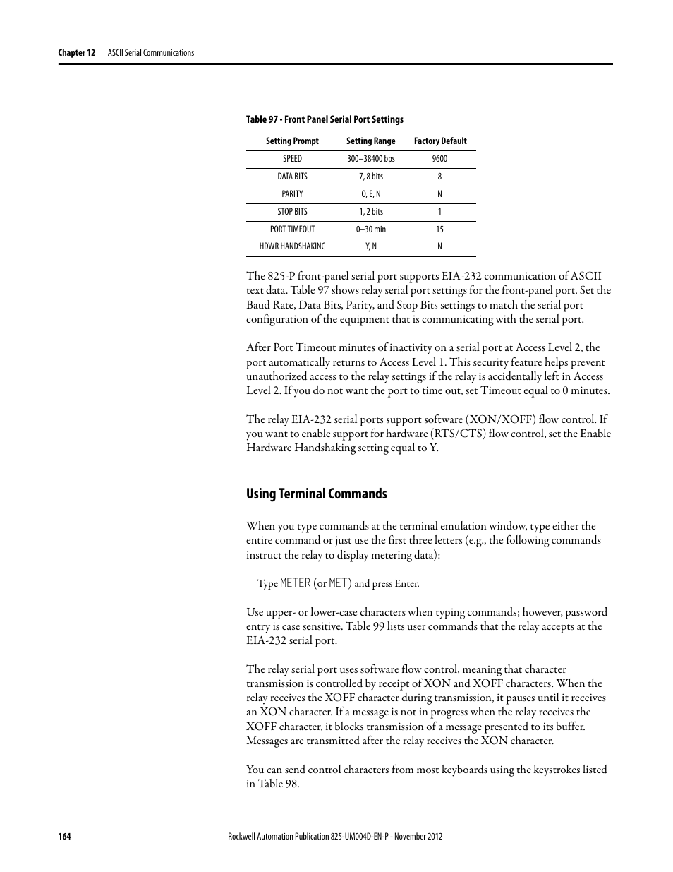 Table 97 - front panel serial port settings, Using terminal commands | Rockwell Automation 825-P Modular Protection System for Motors User Manual User Manual | Page 164 / 266