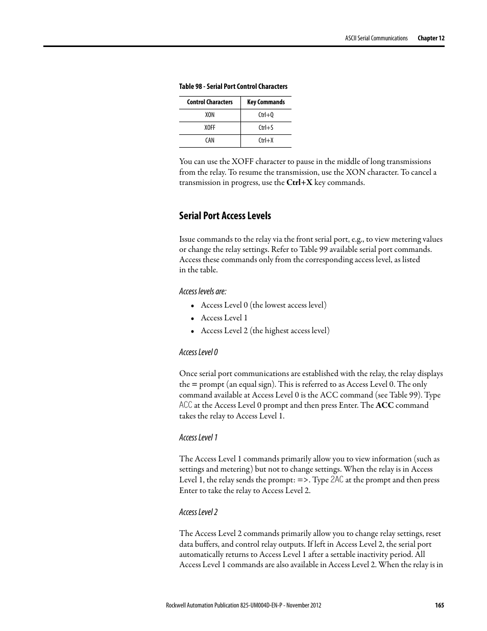 Table 98 - serial port control characters, Serial port access levels, Access levels are | Access level 0, Access level 1, Access level 2 | Rockwell Automation 825-P Modular Protection System for Motors User Manual User Manual | Page 165 / 266