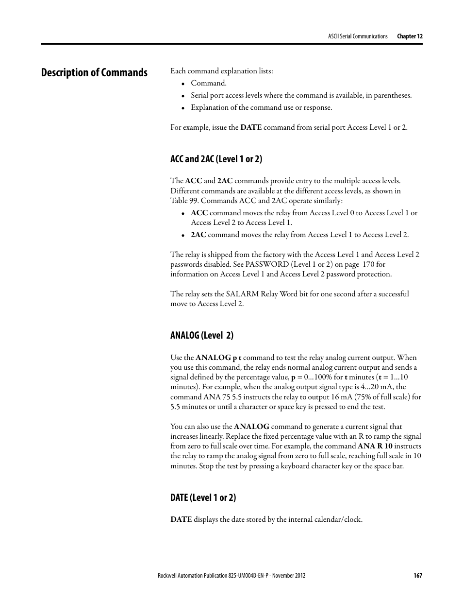 Description of commands, Acc and 2ac (level 1 or 2), Analog (level 2) | Date (level 1 or 2) | Rockwell Automation 825-P Modular Protection System for Motors User Manual User Manual | Page 167 / 266