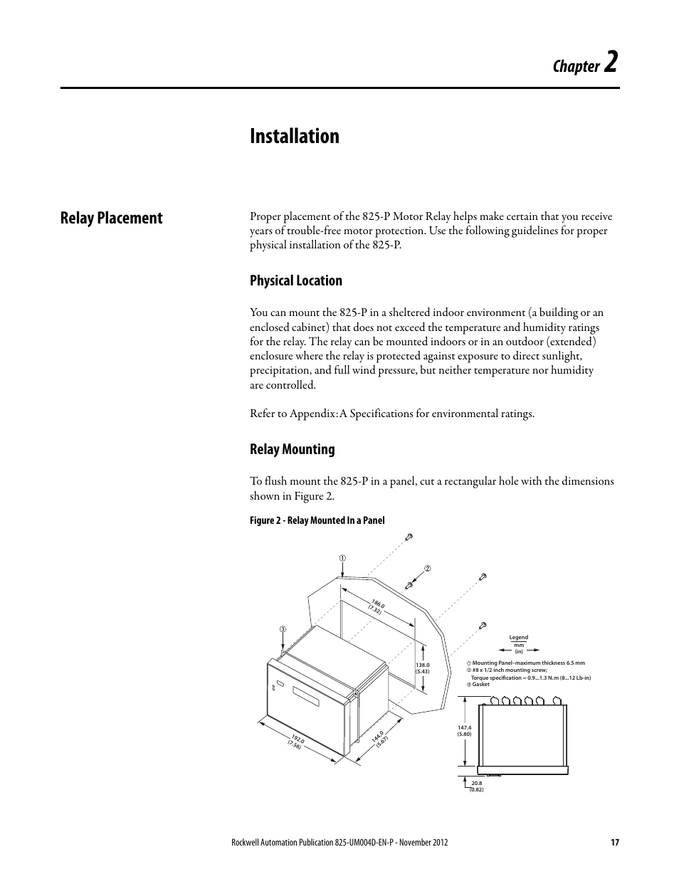 Installation, Relay placement, Physical location | Relay mounting, Figure 2 - relay mounted in a panel, Chapter 2, Physical location relay mounting, Chapter 2: installation, Chapter | Rockwell Automation 825-P Modular Protection System for Motors User Manual User Manual | Page 17 / 266