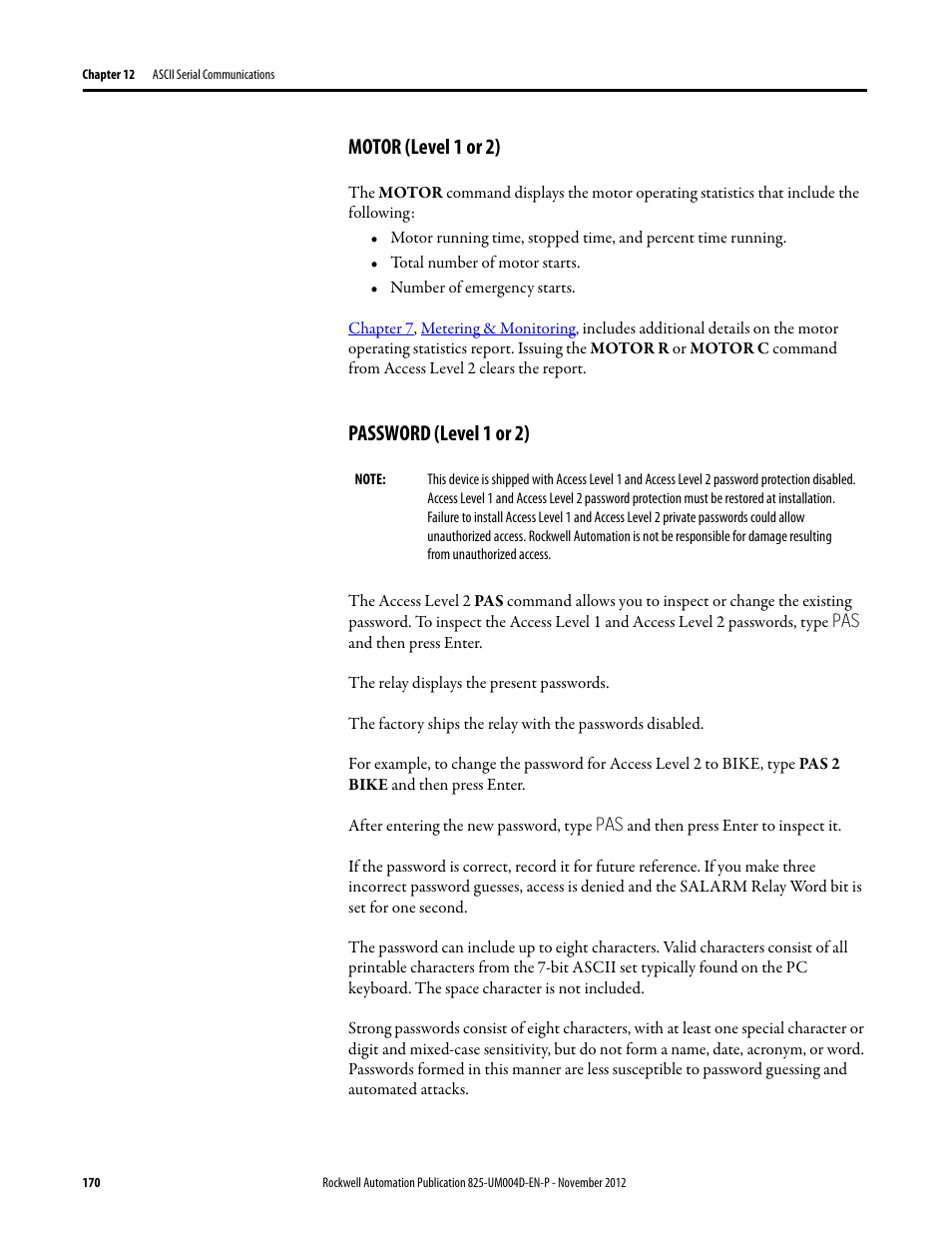 Motor (level 1 or 2), Password (level 1 or 2), Motor (level 1 or 2) password (level 1 or 2) | Rockwell Automation 825-P Modular Protection System for Motors User Manual User Manual | Page 170 / 266