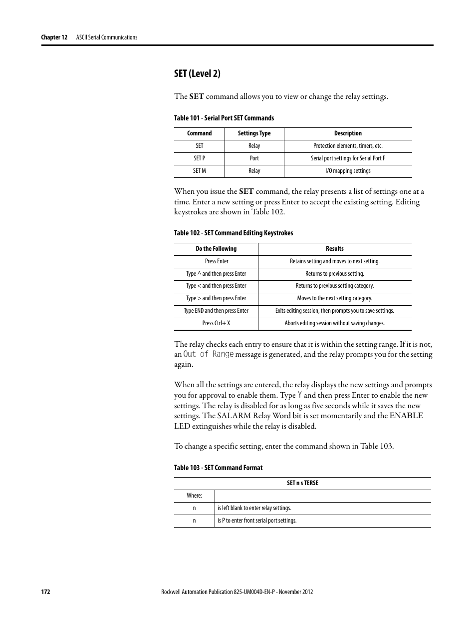Set (level 2), Table 101 - serial port set commands, Table 102 - set command editing keystrokes | Table 103 - set command format | Rockwell Automation 825-P Modular Protection System for Motors User Manual User Manual | Page 172 / 266