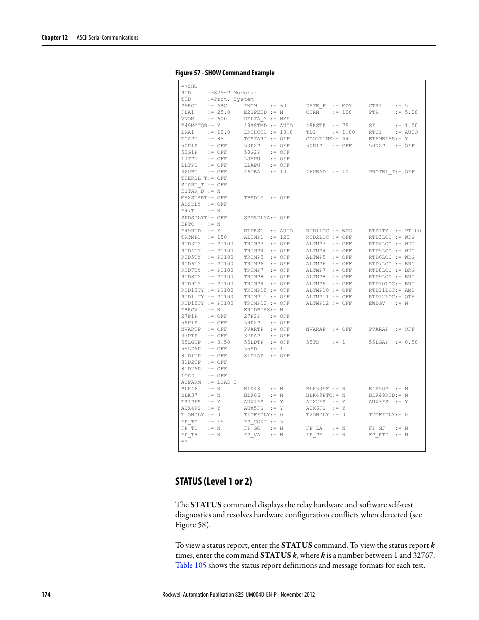 Figure 57 - show command example, Status (level 1 or 2) | Rockwell Automation 825-P Modular Protection System for Motors User Manual User Manual | Page 174 / 266