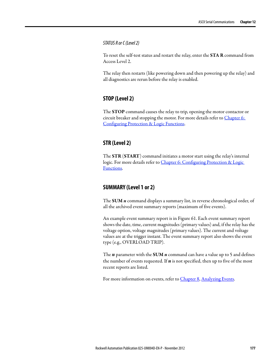 Status r or c (level 2), Stop (level 2), Str (level 2) | Summary (level 1 or 2) | Rockwell Automation 825-P Modular Protection System for Motors User Manual User Manual | Page 177 / 266