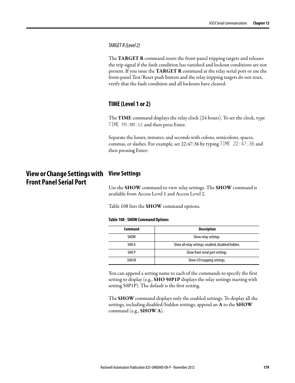 Target r (level 2), Time (level 1 or 2), View settings | Table 108 - show command options, E table | Rockwell Automation 825-P Modular Protection System for Motors User Manual User Manual | Page 179 / 266