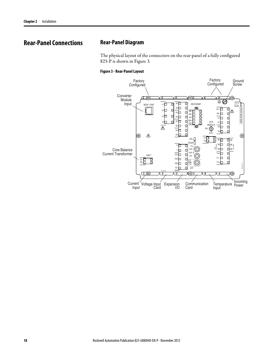 Rear-panel connections, Rear-panel diagram, Figure 3 - rear-panel layout | Rockwell Automation 825-P Modular Protection System for Motors User Manual User Manual | Page 18 / 266