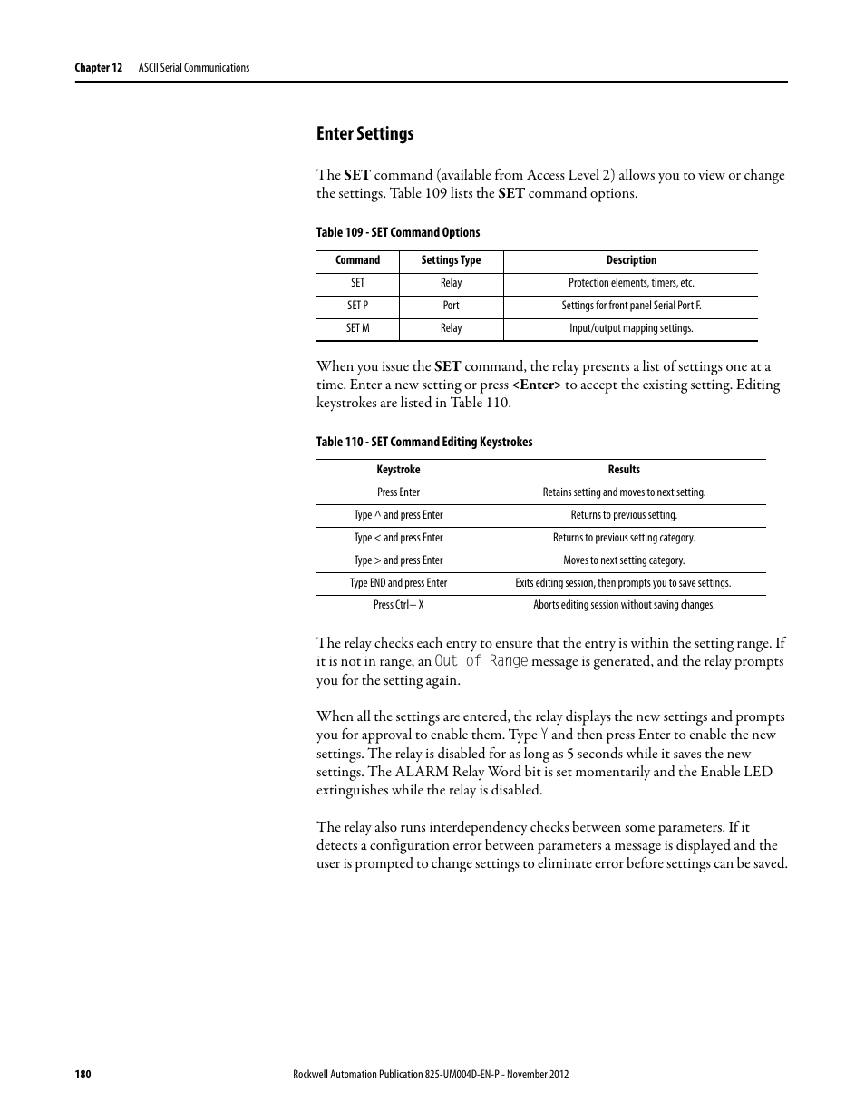 Enter settings, Table 109 - set command options, Table 110 - set command editing keystrokes | Rockwell Automation 825-P Modular Protection System for Motors User Manual User Manual | Page 180 / 266