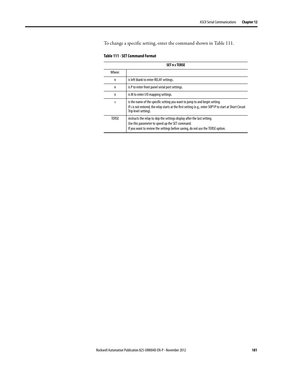 Table 111 - set command format | Rockwell Automation 825-P Modular Protection System for Motors User Manual User Manual | Page 181 / 266