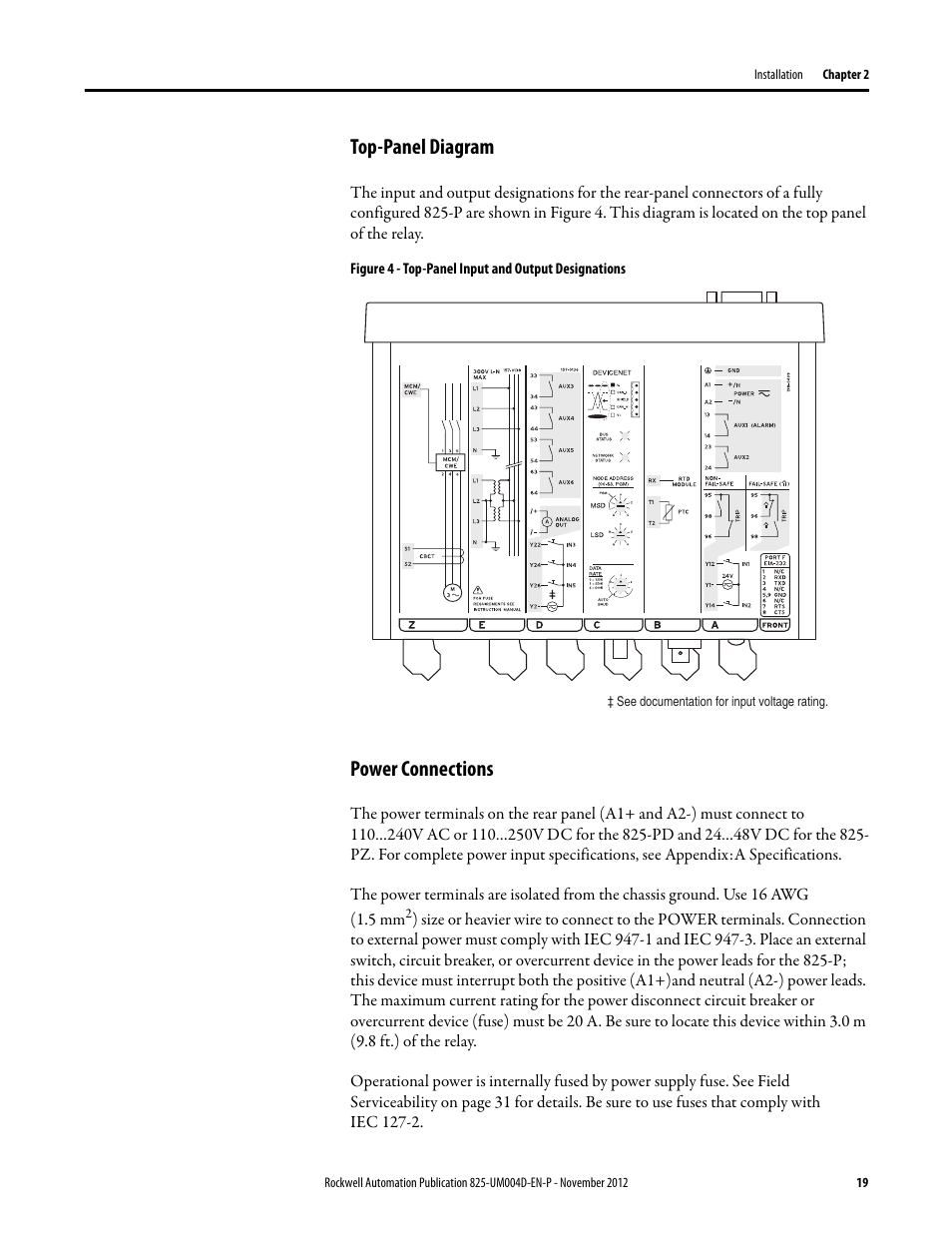 Top-panel diagram, Figure 4 - top-panel input and output designations, Power connections | Top-panel diagram power connections | Rockwell Automation 825-P Modular Protection System for Motors User Manual User Manual | Page 19 / 266