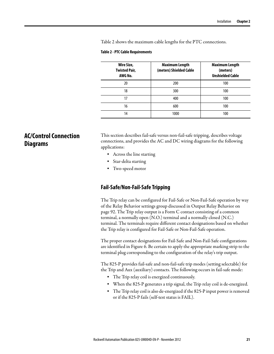 Table 2 - ptc cable requirements, Ac/control connection diagrams, Fail-safe/non-fail-safe tripping | E table 2 for pt | Rockwell Automation 825-P Modular Protection System for Motors User Manual User Manual | Page 21 / 266