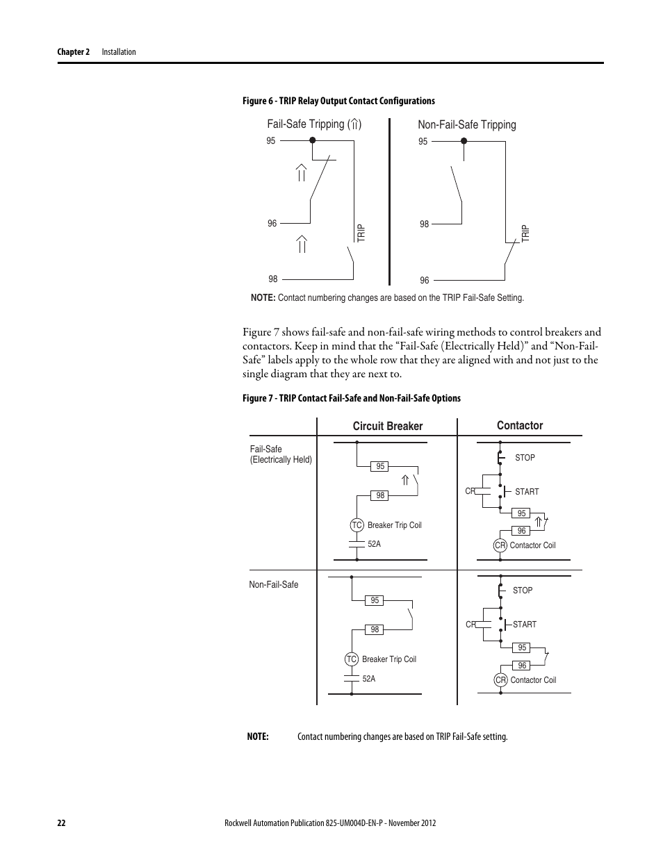 Figure 7 a, Fail-safe tripping ( ) non-fail-safe tripping, Circuit breaker contactor | Rockwell Automation 825-P Modular Protection System for Motors User Manual User Manual | Page 22 / 266