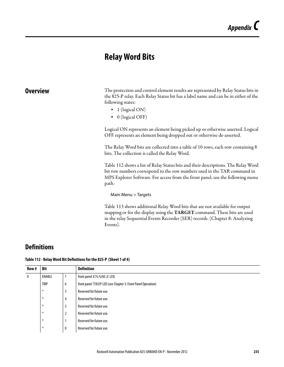 C- relay word bits, Overview, Definitions | Appendix c, Relay word bits, Overview definitions, Appendix c: relay word bits, Appendix | Rockwell Automation 825-P Modular Protection System for Motors User Manual User Manual | Page 235 / 266