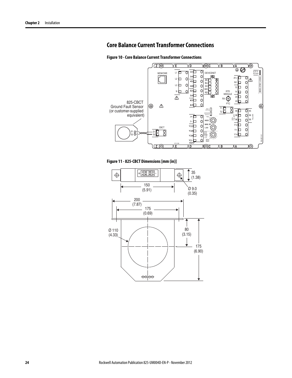 Core balance current transformer connections, Figure 11 - 825-cbct dimensions [mm (in) | Rockwell Automation 825-P Modular Protection System for Motors User Manual User Manual | Page 24 / 266