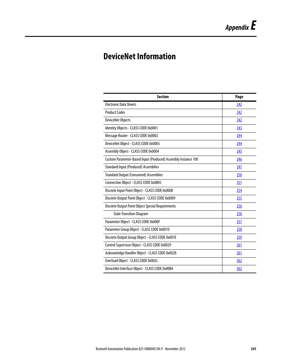 E- devicenet information, Appendix e, Devicenet information | Appendix e: devicenet information, Appendix | Rockwell Automation 825-P Modular Protection System for Motors User Manual User Manual | Page 241 / 266