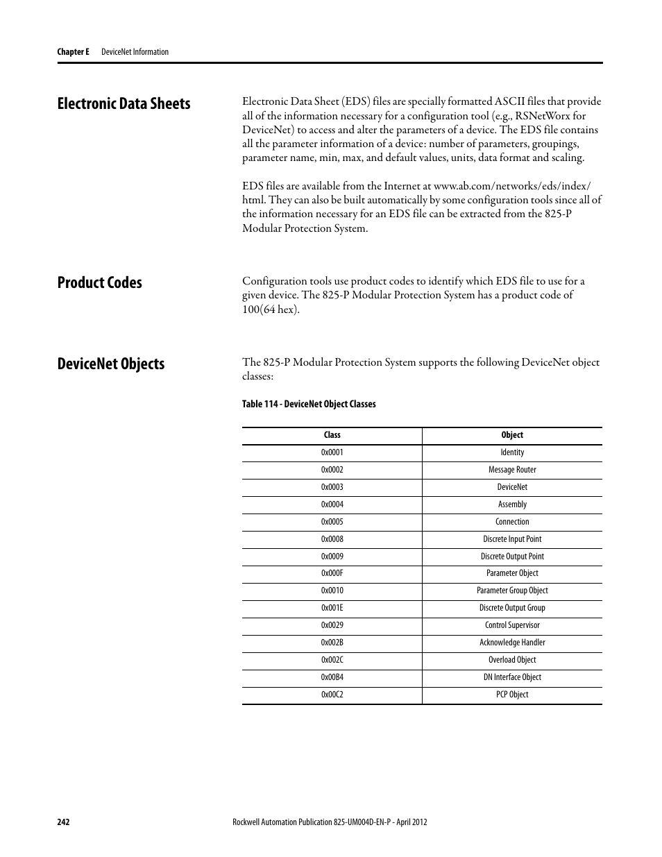 Electronic data sheets, Product codes, Devicenet objects | Table 114 - devicenet object classes, 0x0001, 0x0002, 0x0003, 0x0004, 0x0005, 0x0008 | Rockwell Automation 825-P Modular Protection System for Motors User Manual User Manual | Page 242 / 266