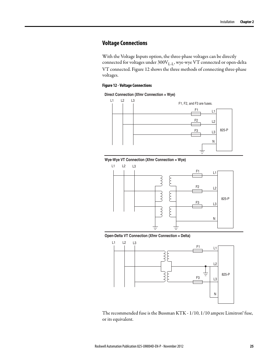 Voltage connections, Figure 12 - voltage connections | Rockwell Automation 825-P Modular Protection System for Motors User Manual User Manual | Page 25 / 266