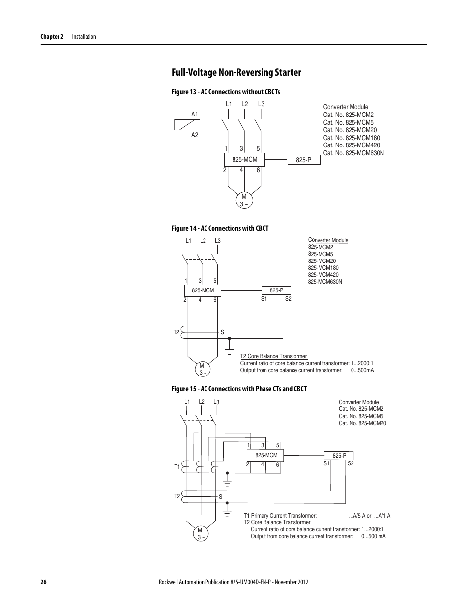 Full-voltage non-reversing starter, Figure 13 - ac connections without cbcts, Figure 14 - ac connections with cbct | Figure 15 - ac connections with phase cts and cbct | Rockwell Automation 825-P Modular Protection System for Motors User Manual User Manual | Page 26 / 266