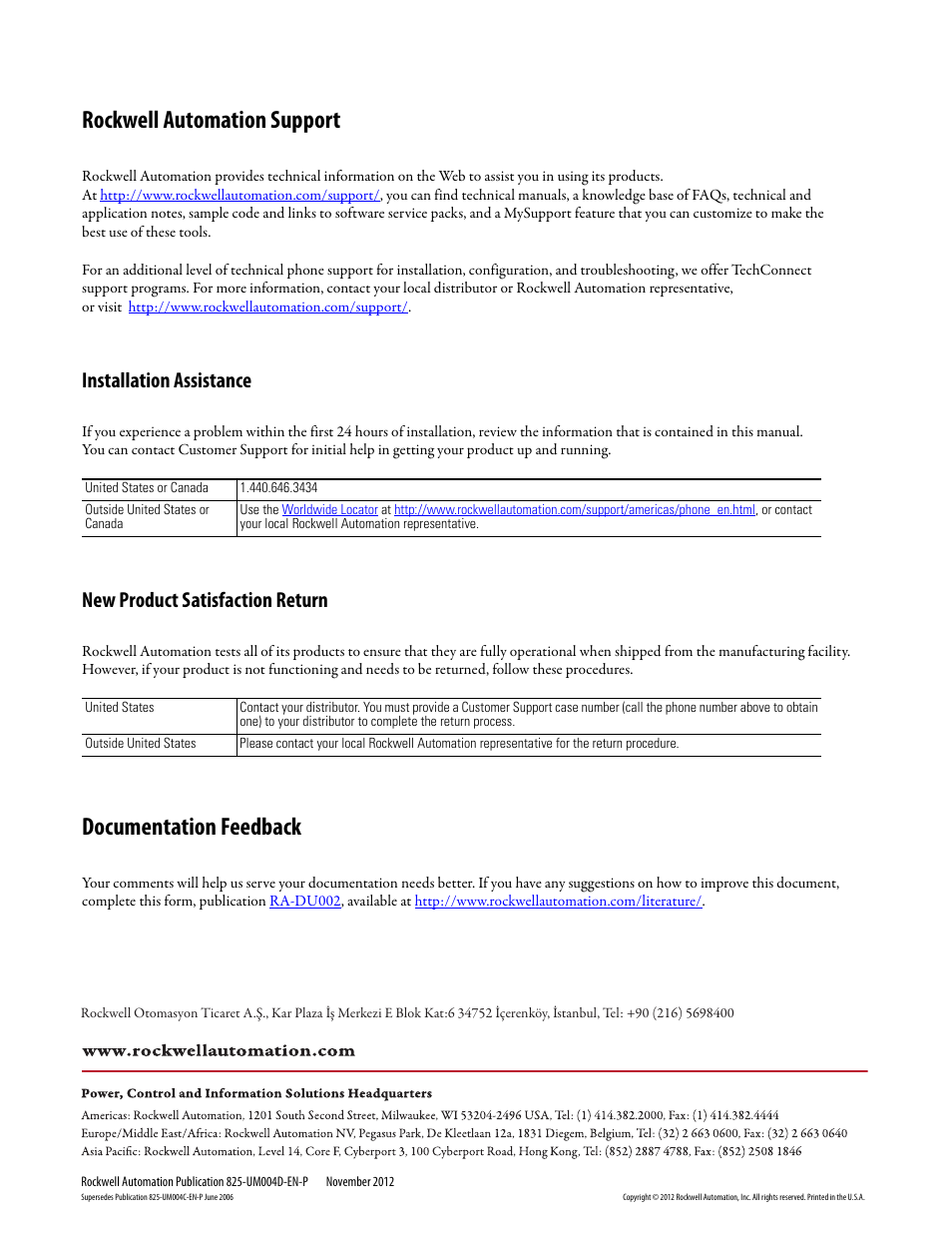 Back cover, Rockwell automation support, Documentation feedback | Installation assistance, New product satisfaction return | Rockwell Automation 825-P Modular Protection System for Motors User Manual User Manual | Page 266 / 266