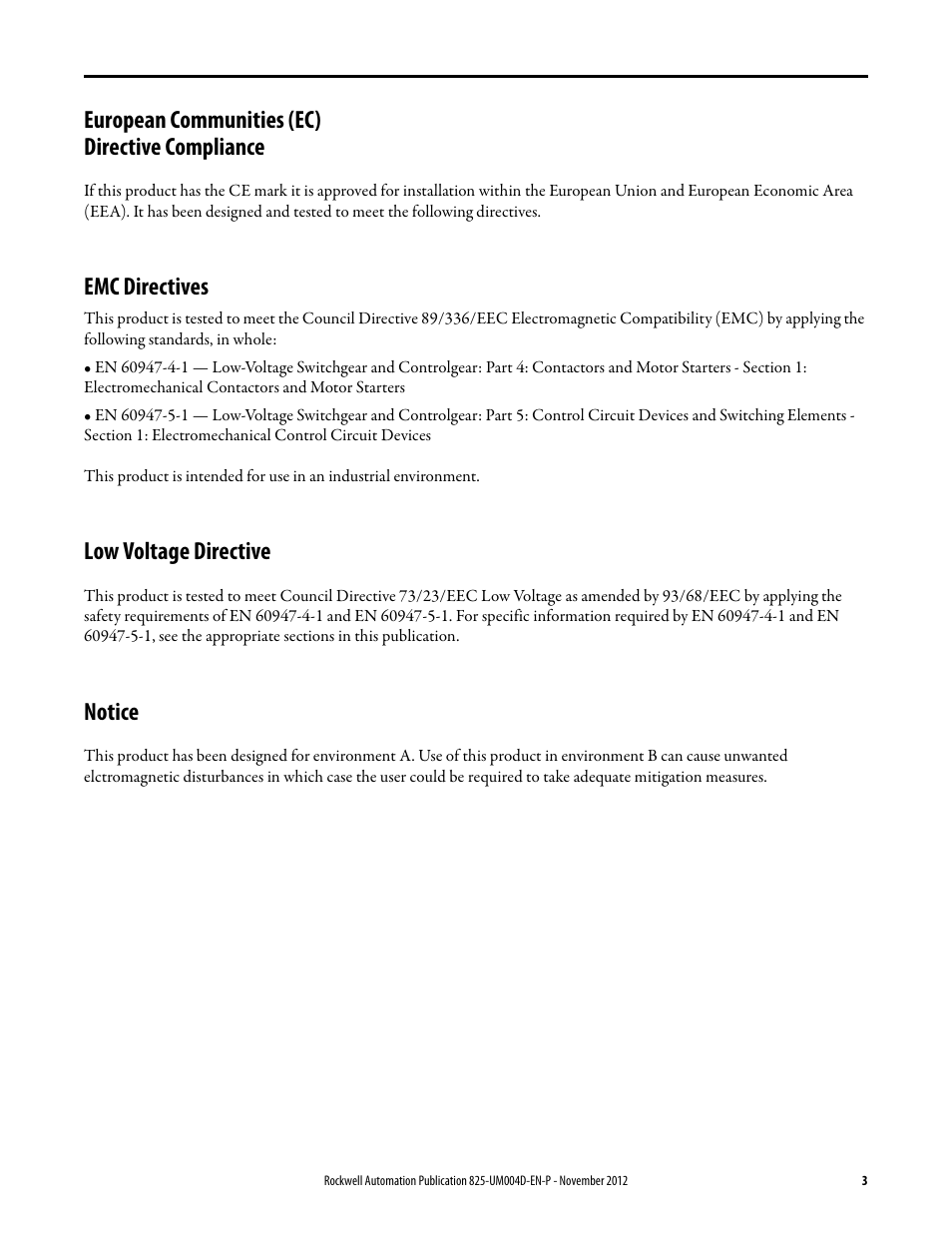 European communities (ec) directive compliance, Emc directives, Low voltage directive | Notice | Rockwell Automation 825-P Modular Protection System for Motors User Manual User Manual | Page 3 / 266