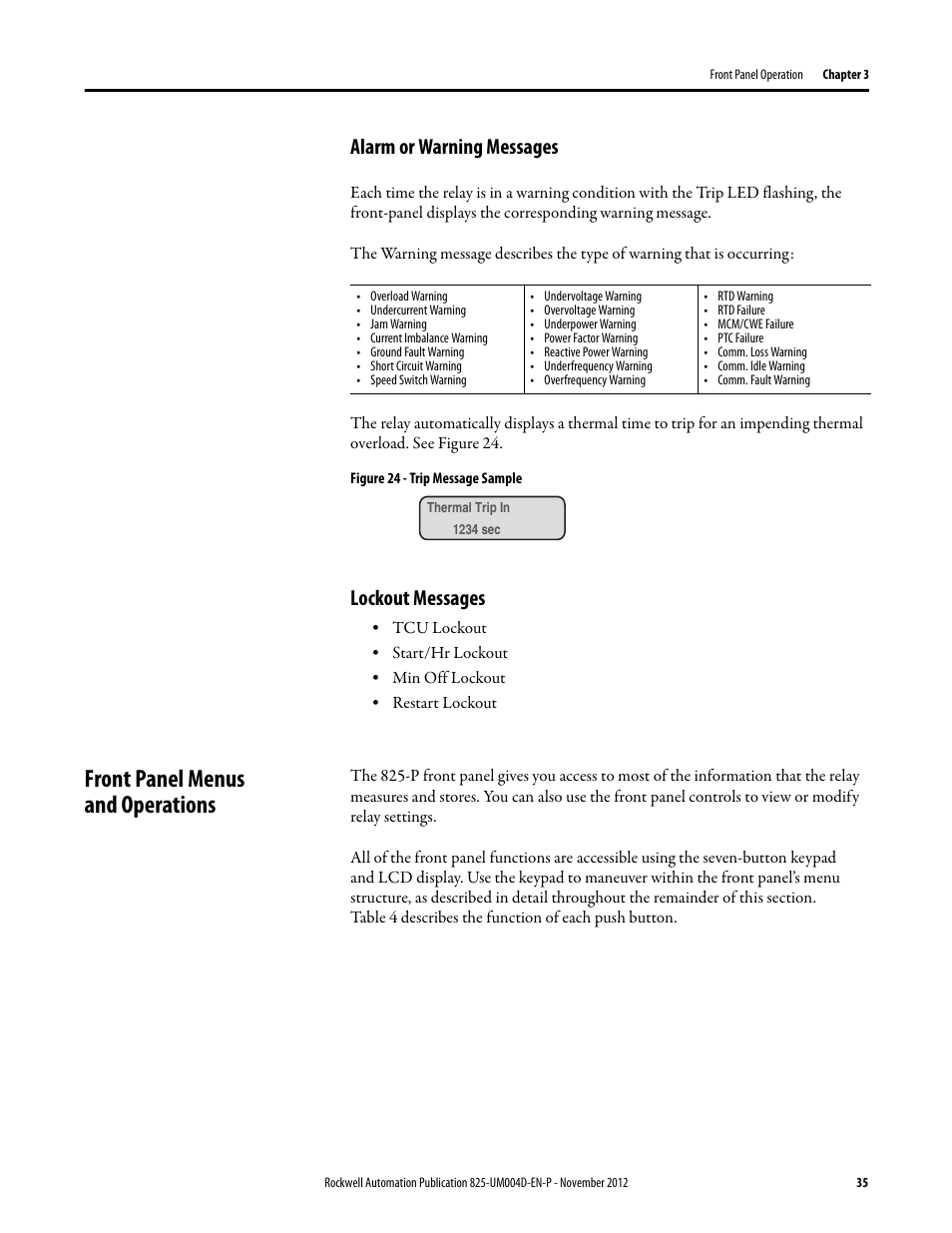 Alarm or warning messages, Figure 24 - trip message sample, Lockout messages | Front panel menus and operations, Ee alarm or warning messages), N (see lockout messages) | Rockwell Automation 825-P Modular Protection System for Motors User Manual User Manual | Page 35 / 266