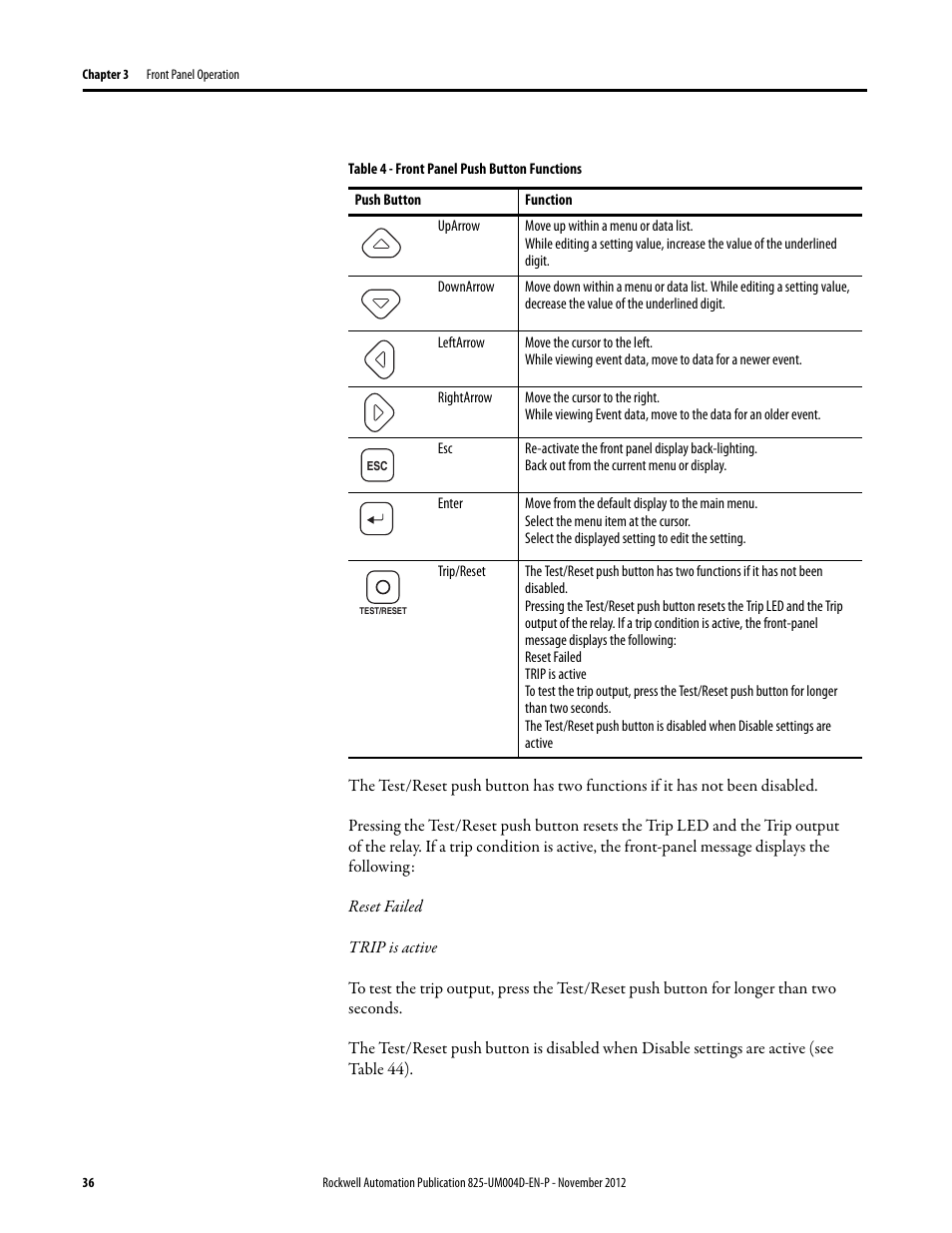 Table 4 - front panel push button functions | Rockwell Automation 825-P Modular Protection System for Motors User Manual User Manual | Page 36 / 266