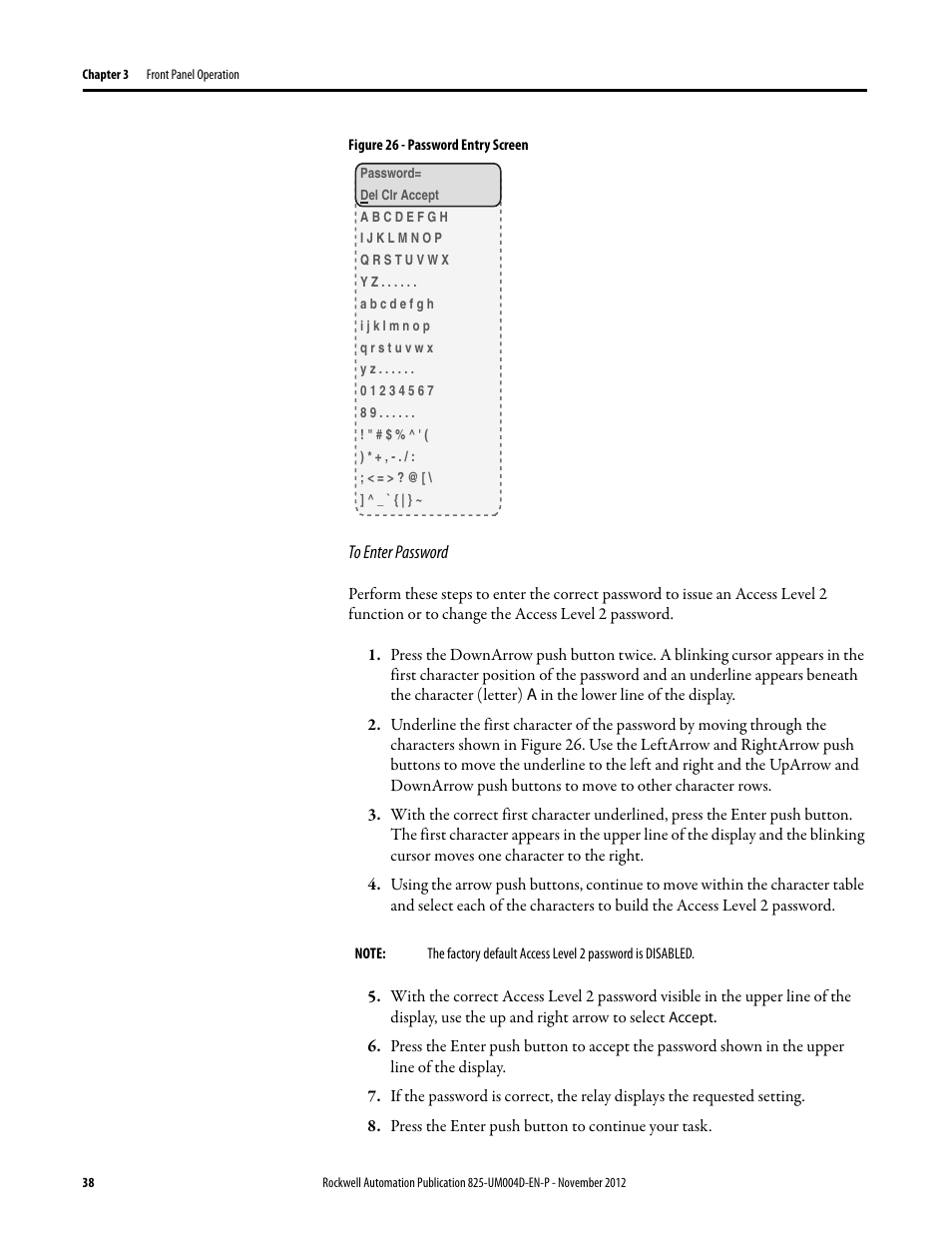 Figure 26 - password entry screen, To enter password, Press the enter push button to continue your task | Rockwell Automation 825-P Modular Protection System for Motors User Manual User Manual | Page 38 / 266