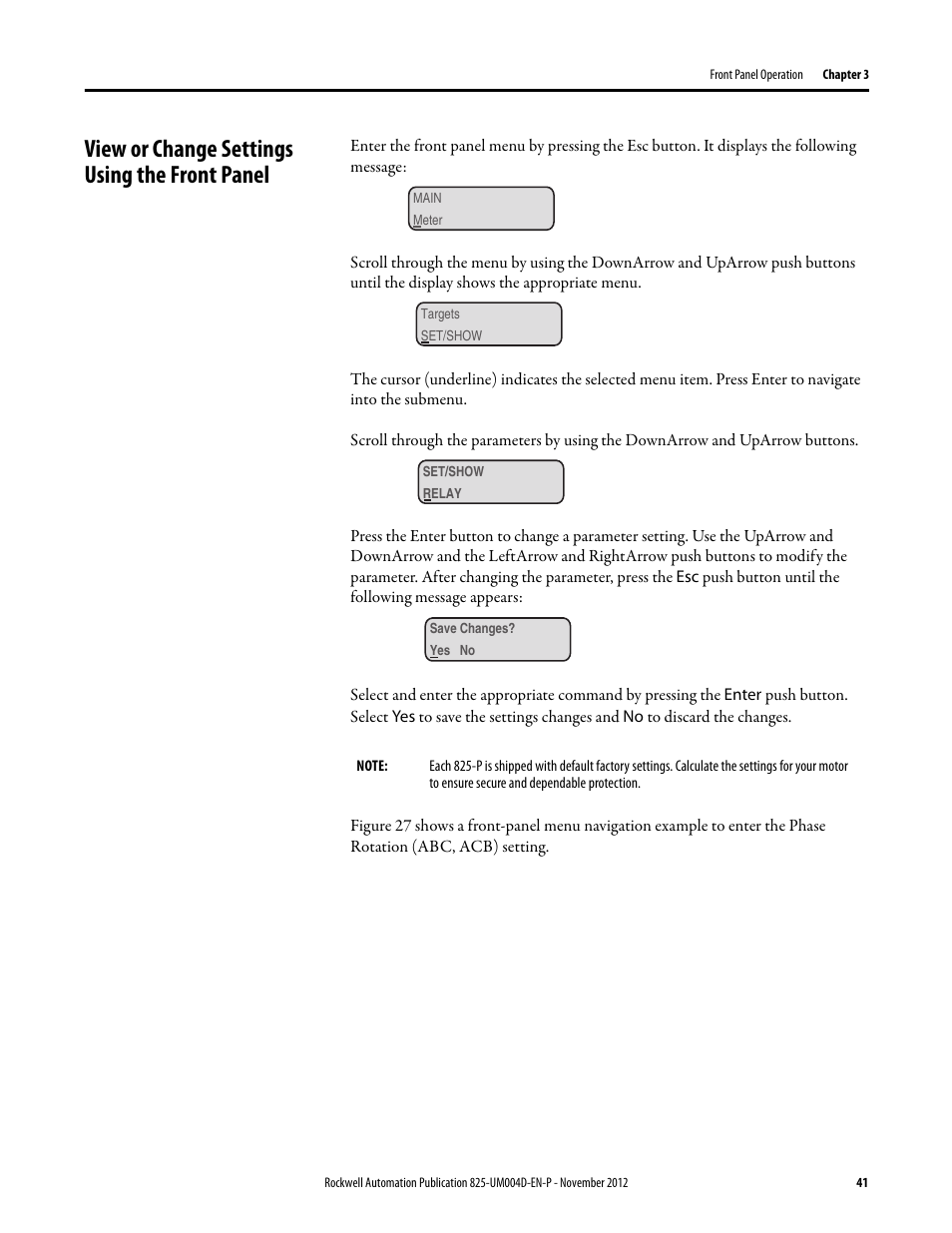 View or change settings using the front panel | Rockwell Automation 825-P Modular Protection System for Motors User Manual User Manual | Page 41 / 266