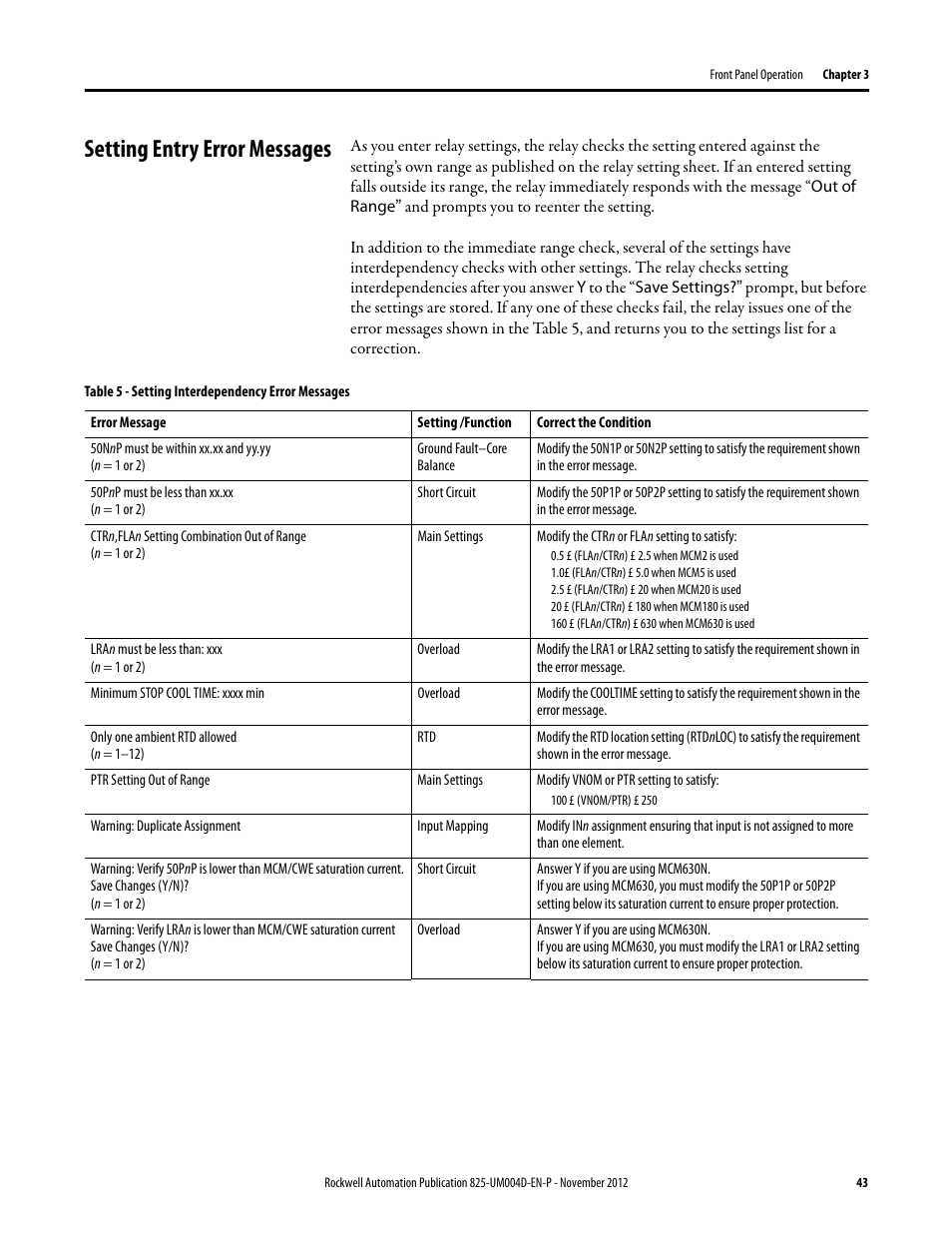 Setting entry error messages, Table 5 - setting interdependency error messages | Rockwell Automation 825-P Modular Protection System for Motors User Manual User Manual | Page 43 / 266