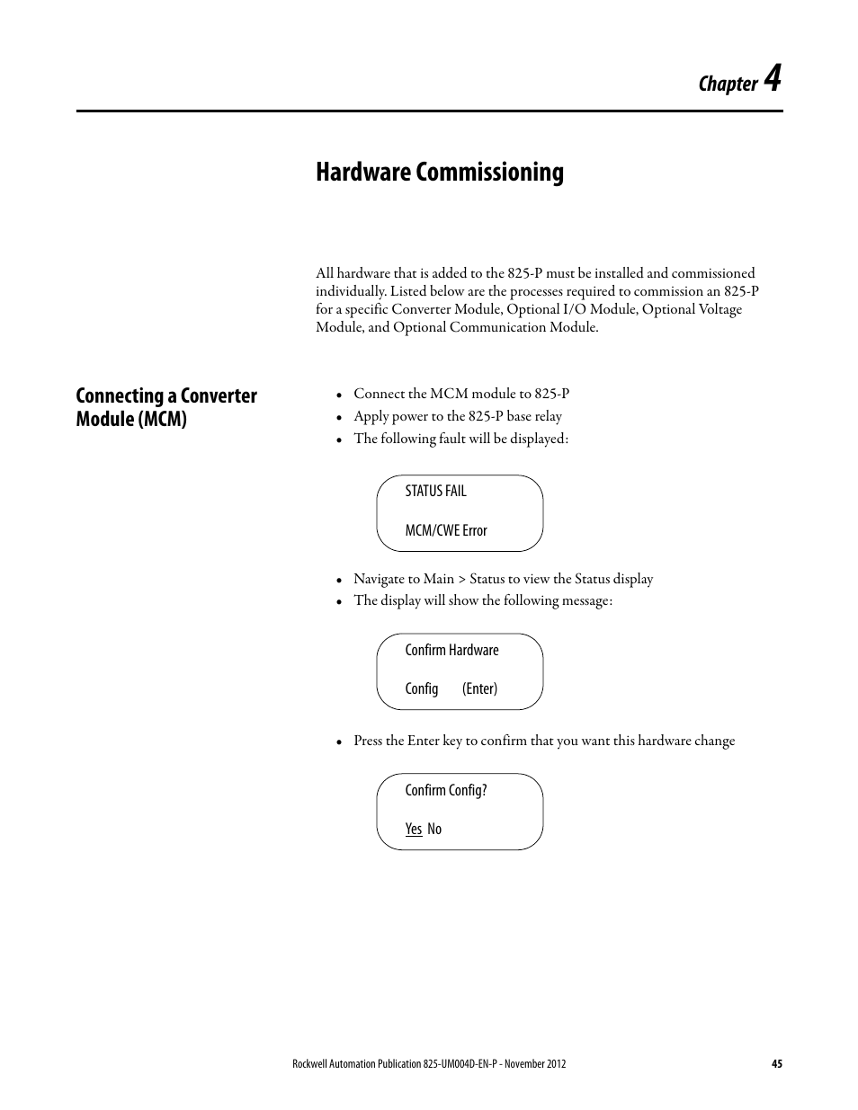 Hardware commissioning, Connecting a converter module (mcm), Chapter 4 | Chapter 4: hardware commissioning, Chapter | Rockwell Automation 825-P Modular Protection System for Motors User Manual User Manual | Page 45 / 266